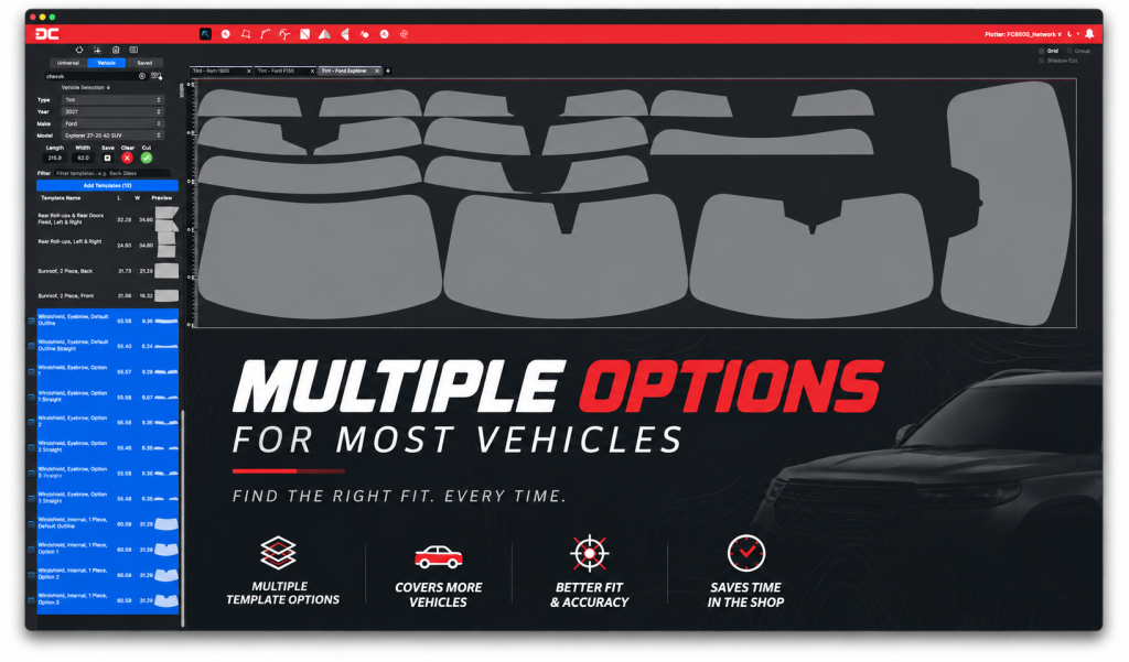 DigiCut software showing multiple windshield pattern options for a vehicle