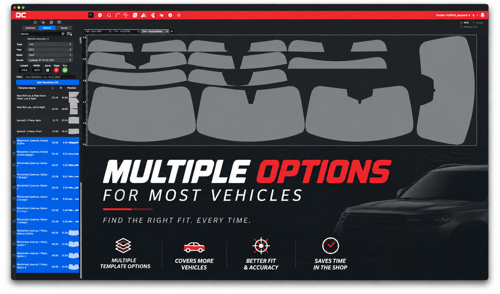 DigiCut software showing multiple windshield pattern options for a vehicle