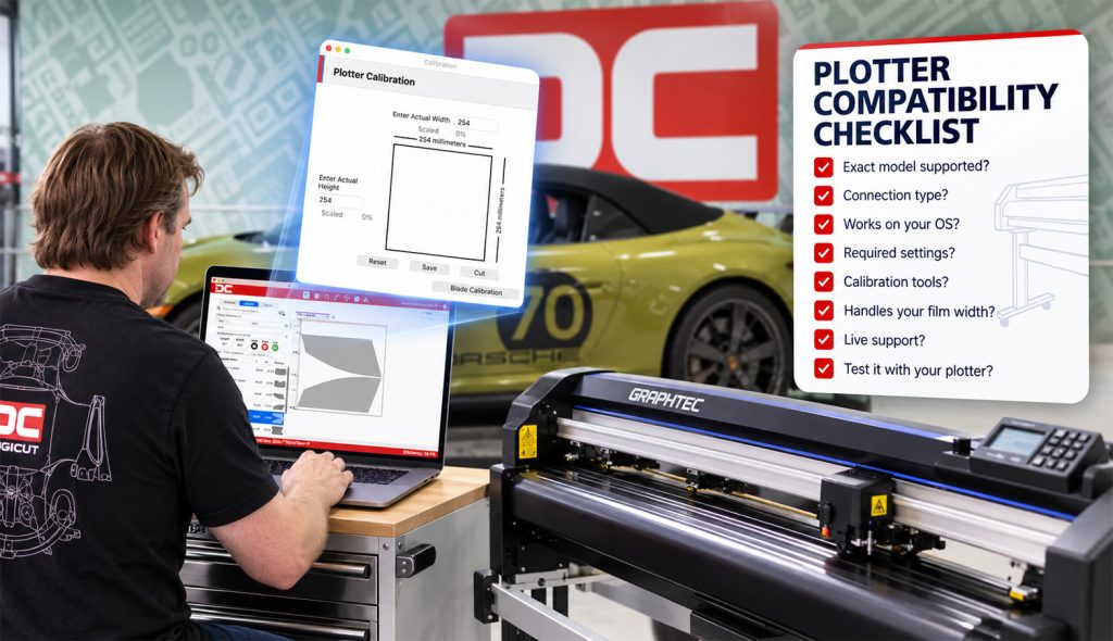 DigiCut software with a plotter calibration screen and plotter compatibility checklist