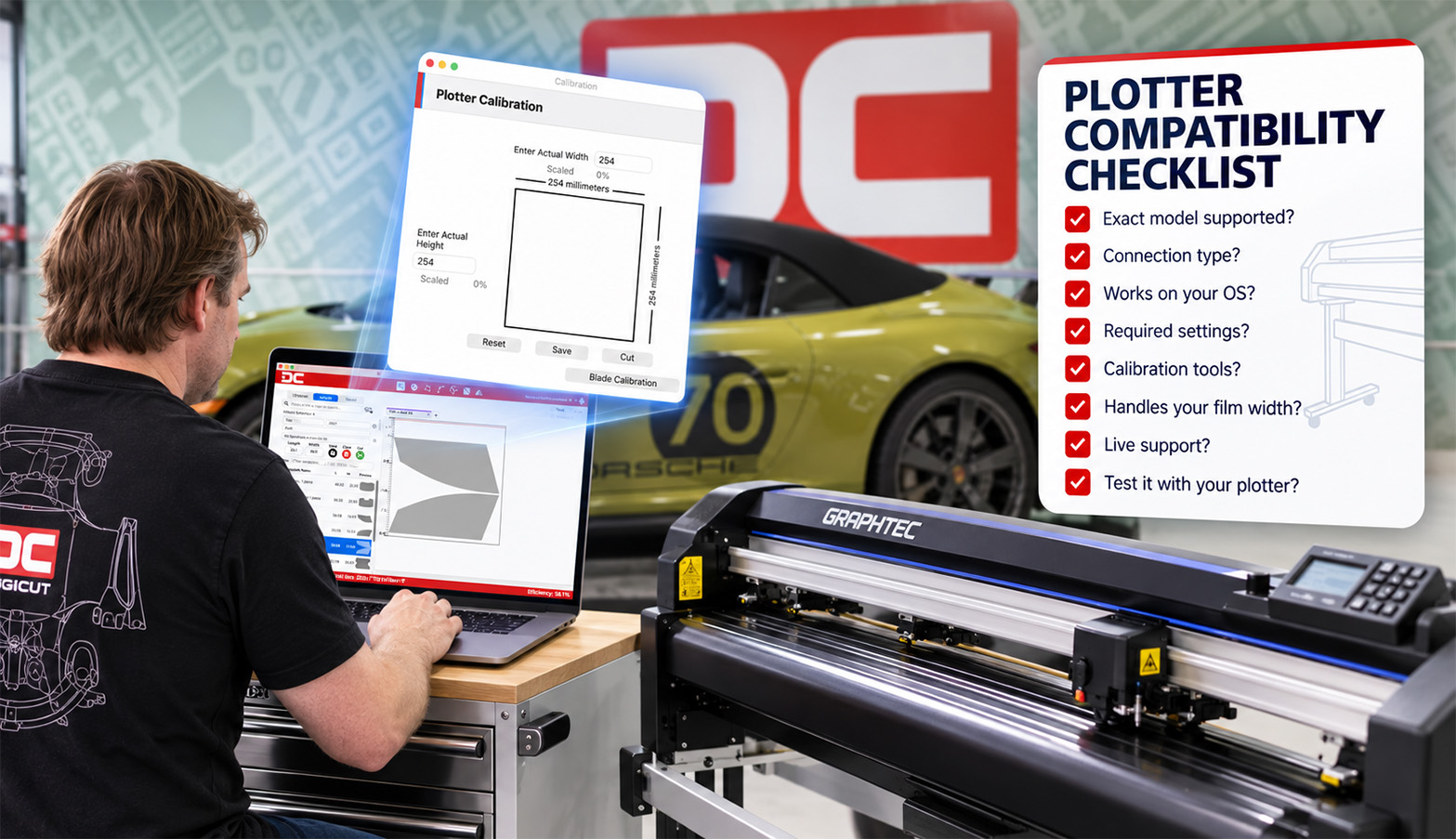 DigiCut software with a plotter calibration screen and plotter compatibility checklist